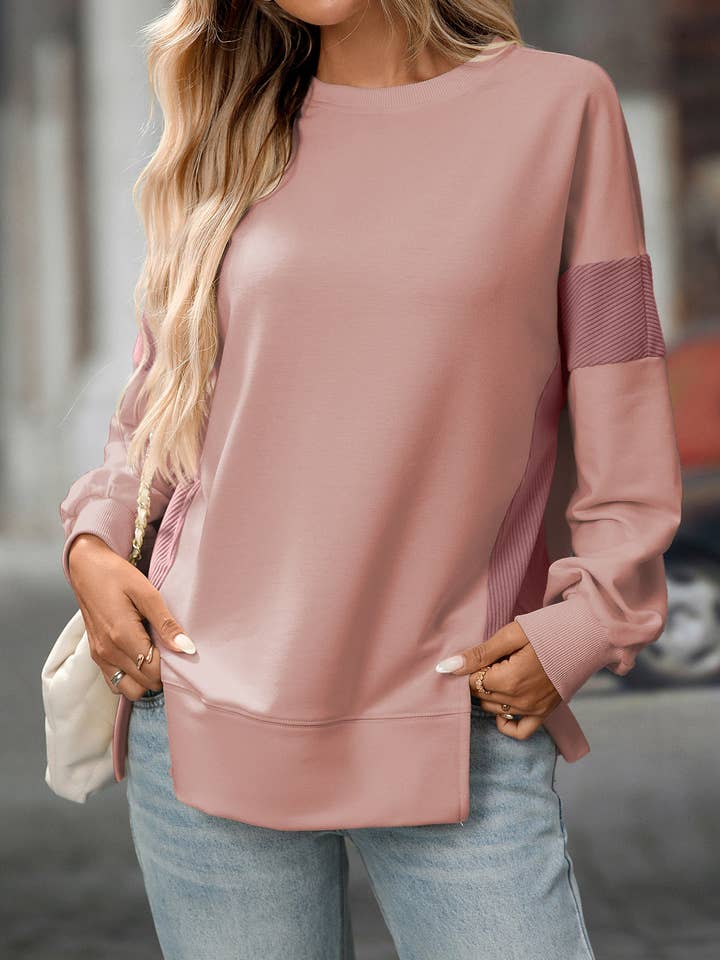 Suhkasana – wholesale Sweatshirt - Dam – Rosa färgblock rundhalsad löst sittande sweatshirt-topp2