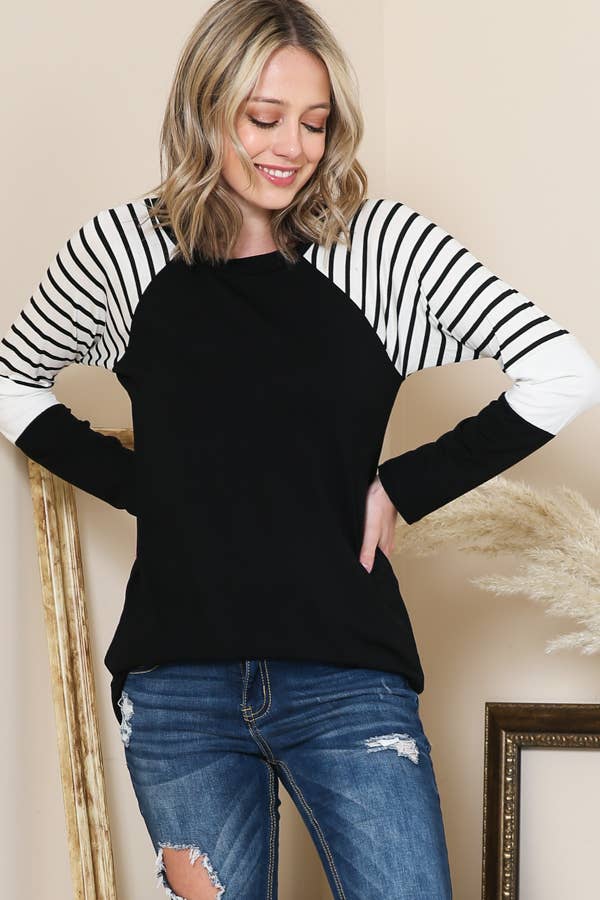 Burgundy Apparel - Wholesale Knit Top - Women's - STRIPE SLEEVE CONTRAST BASEBALL TOP1