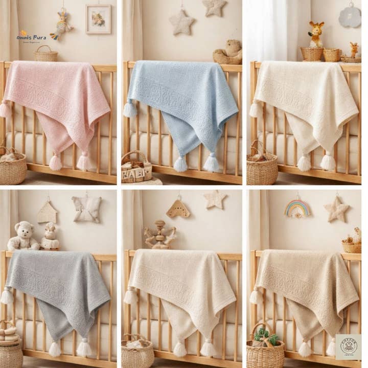 Unisex Wool & Cotton Baby Blanket with Tassels for wholesale by Omnis Pura