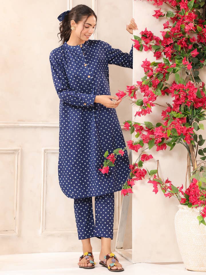 Blue Bandhej Printed Cotton Kurta and Pants Set for wholesale by Jaipur Morni USA