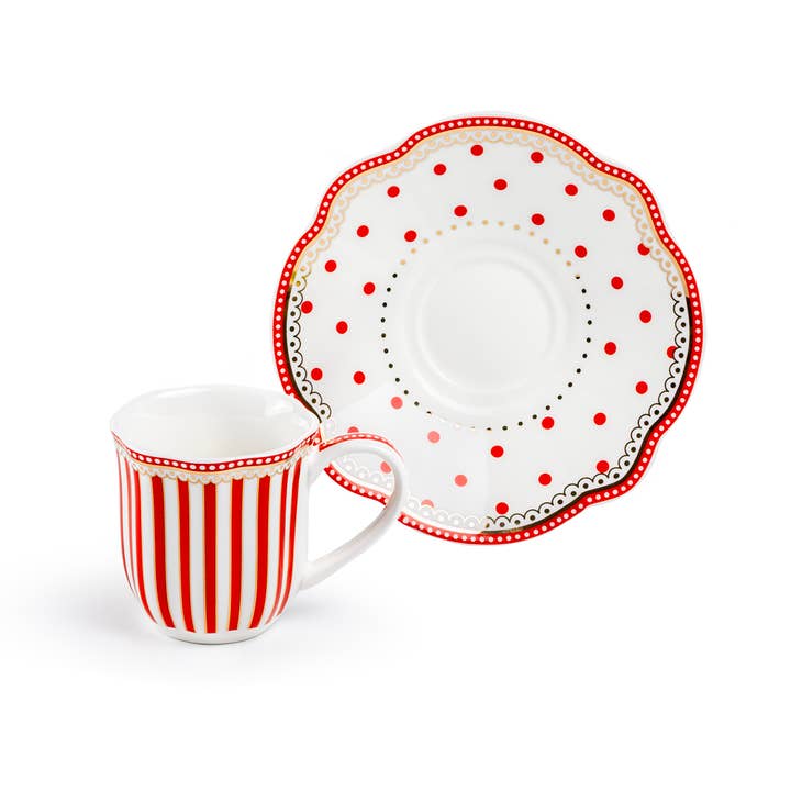 Grace Teaware - Wholesale Coffee/Tea Cup - Red Josephine Stripes and Dots 2oz Espresso Cups and Saucers4
