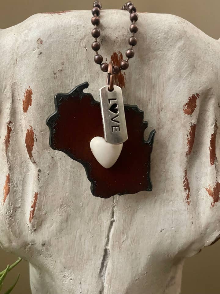 Rustic WISCONSIN shape silver love charm and heart for wholesale by The Rustic Barn