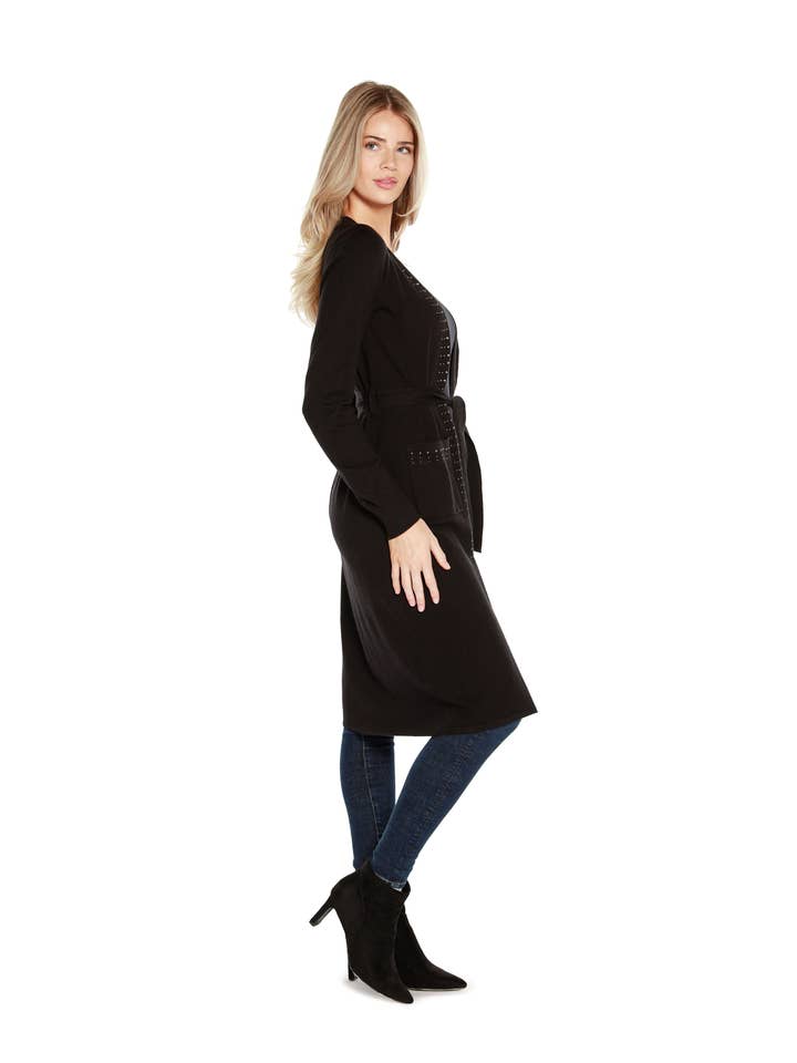 Belldini - Wholesale Cardigan - Women's - Women's Rhinestone Trim Belted Duster Cardigan