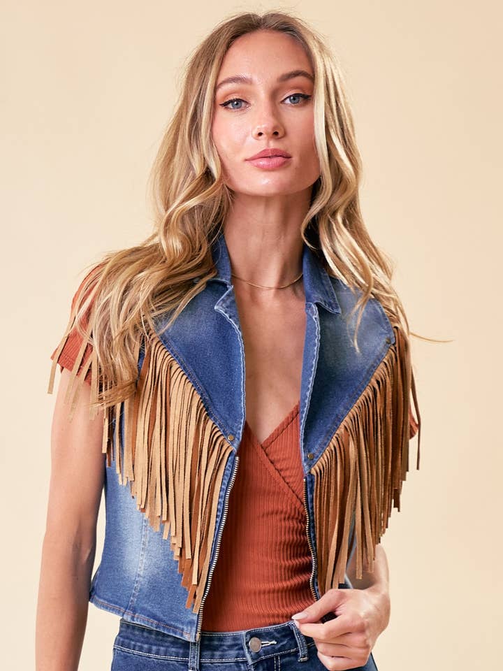 SLIGHT FADE DENIM ZIP UP FRINGE WESTERN MOTO VEST for wholesale by Bestto