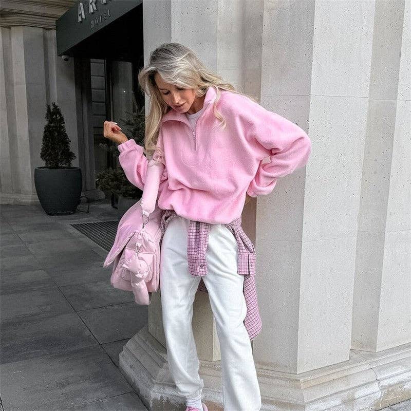 PINK Solid Color Fleece Loose Collar Pullover Hoodie for wholesale on Faire4