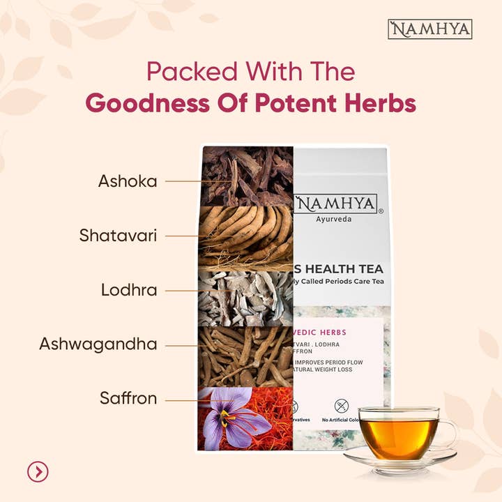 Namhya Ayurveda – wholesale Hälsoté/Detoxté – Kvinnors hormonbalanste | Ayurvedisk blandning för PCOS, menstruationslindring & smärtfria menstruationer | 50 tepåsar | Sippa - Balansera - Blomstra