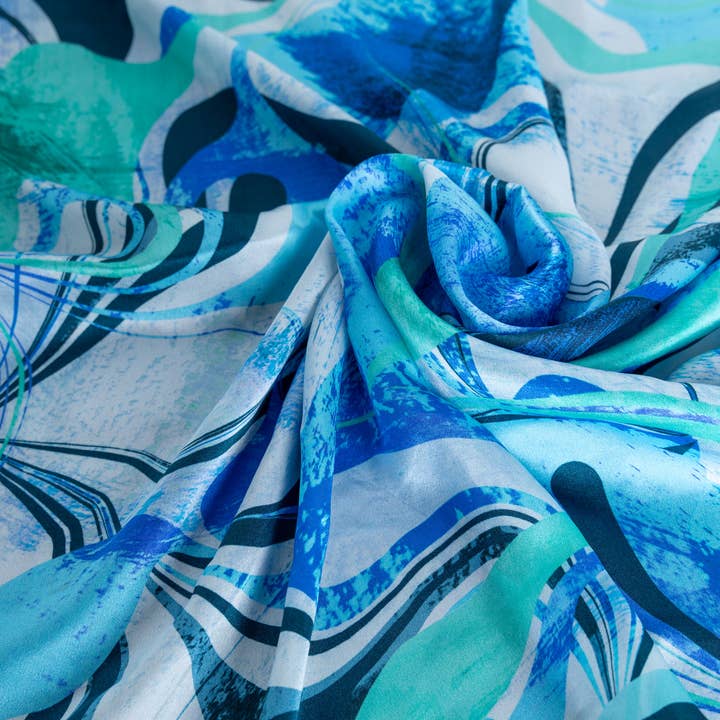 Pashmisy - Wholesale Scarf - Women's - Aqua Wave Flow – Italian Silk Square Scarf (70 x 70 cm)4
