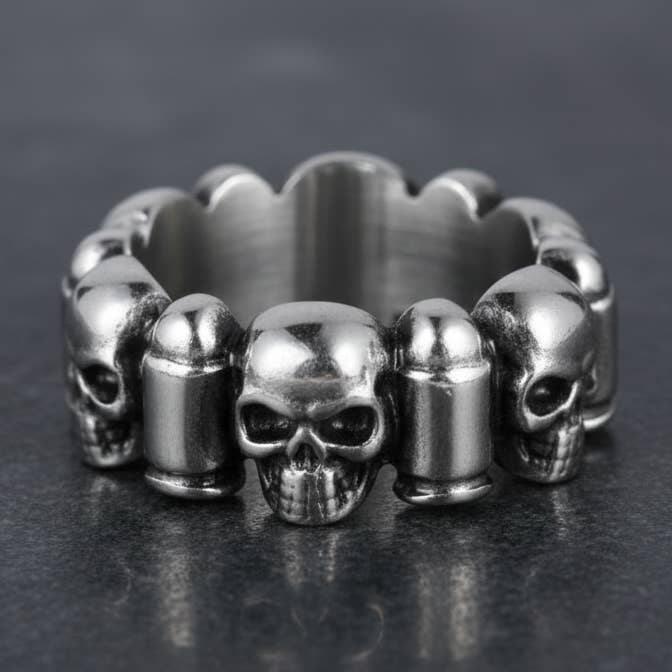 SK1741 Bijoux de moto en acier inoxydable pour homme Skull & Bullet Ring, taille 9-16 pour la vente par Heavy Metal Jewelry