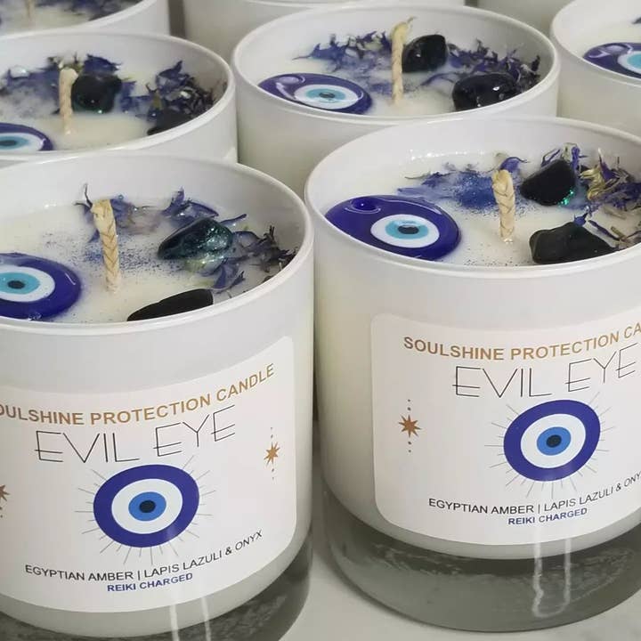 Angelic Magic - Wholesale Jar/Filled Candle - Evil Eye Soy Candle (UPGRADE) -Lapis Lazuli-Onyx - 11oz