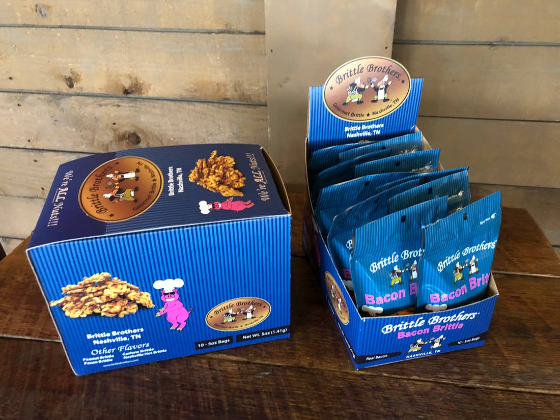 Brittle Brothers – wholesale Brittle – Brittle Brothers Bacon Peanut Brittle SHIPPER - 5 oz. Bags2