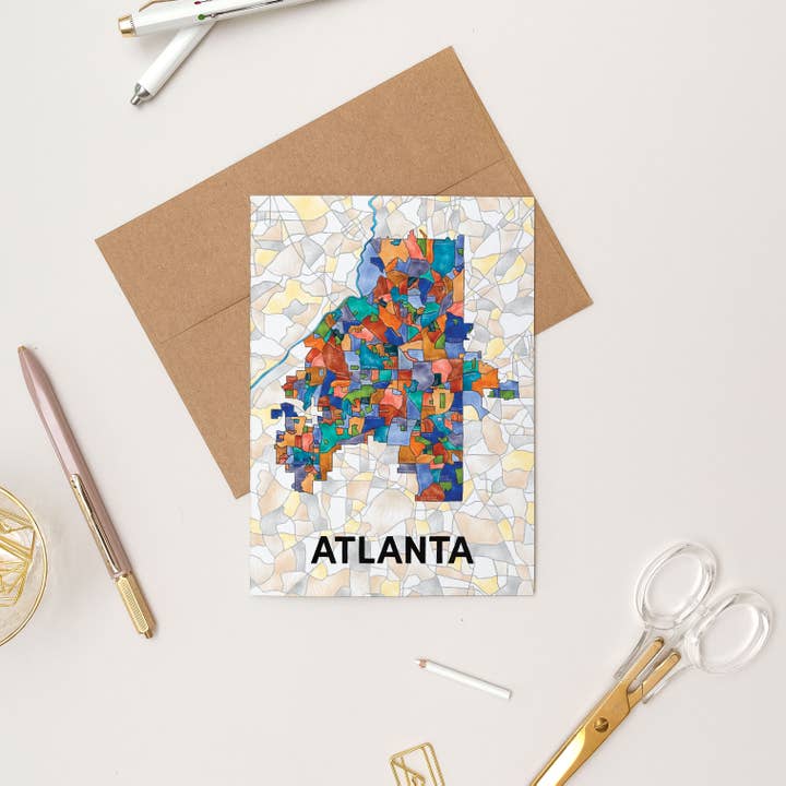 Atlanta Neighborhoods Map Art Greeting Card for wholesale by Terratorie Maps + Goods