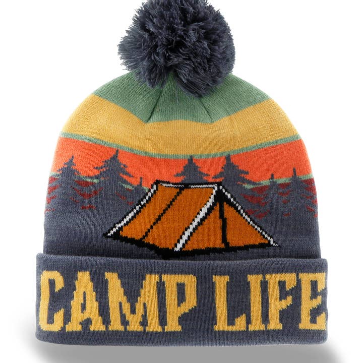 Camp Life Beanie with Tent and Forest Design, Warm Knit Hat for Camping Hiking for wholesale by Northern Icons Creations INC