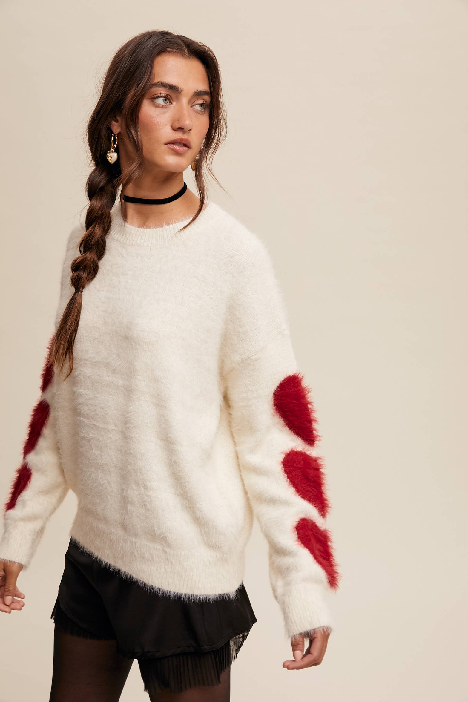 Listicle - Wholesale Knit Sweater - Women's - Fuzzy Heart-Sleeve Pullover Sweater LSW087227