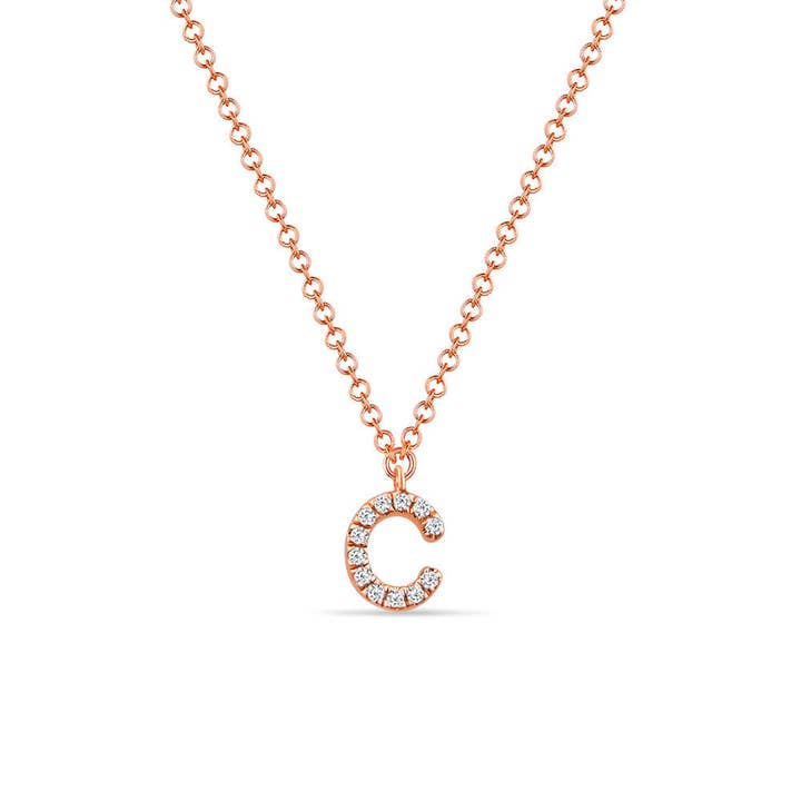 Collier lettre « C » en or rose 14 carats et diamants pour la vente par Leaf Jewelry