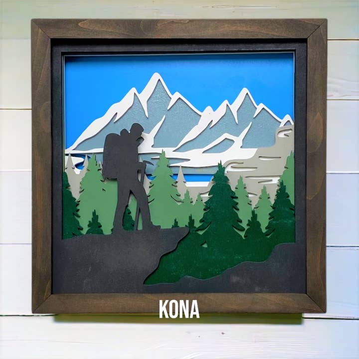 Dusty Square Designs - Wholesale Wall Accent - 3D Layered Hiker Mountain. Mountain Landscape. Wall Decor