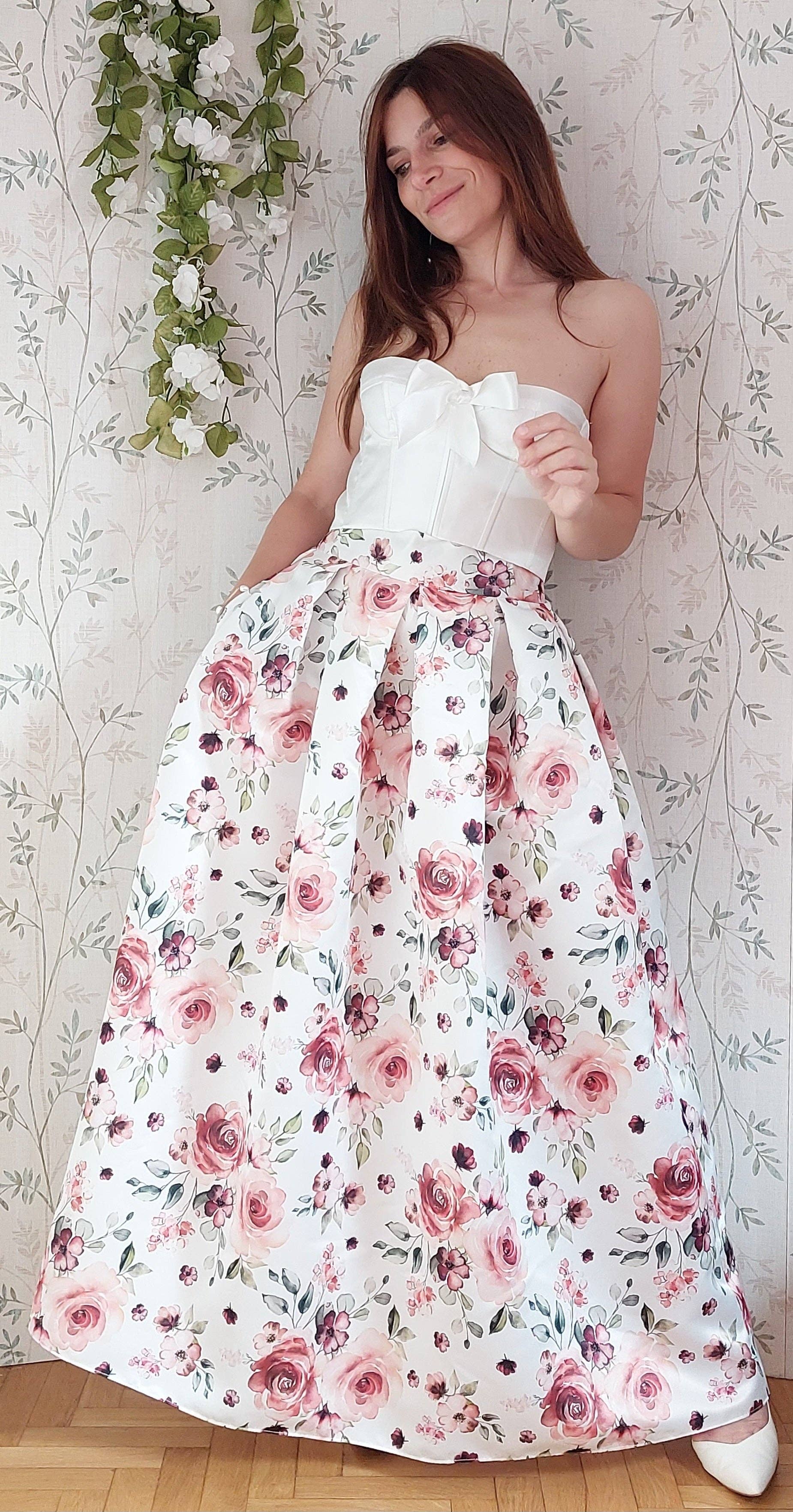 EgoChic Milano – Engroshandel Nederdel - Dame – Sabrina plisseret nederdel i 1950'ernes stil, „Rose fantasy“ (var. hvid base)1