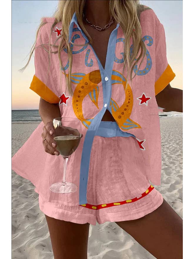 Rosa Clothing - Wholesale Top & Short Set (NOT Loungewear) - Women's - Barcelona unique vacation print shirt & shorts resort set