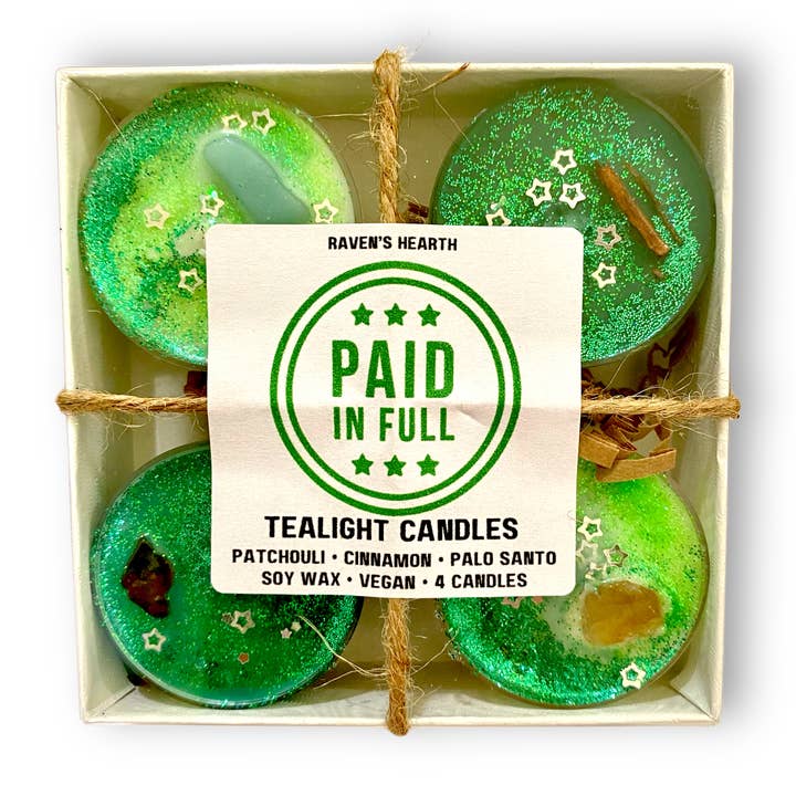 Raven’s Hearth - Vendita all'ingrosso Candele a lumino - Candele Tealight Paid In Full | Abbondanza | Cera di soia | Vegane