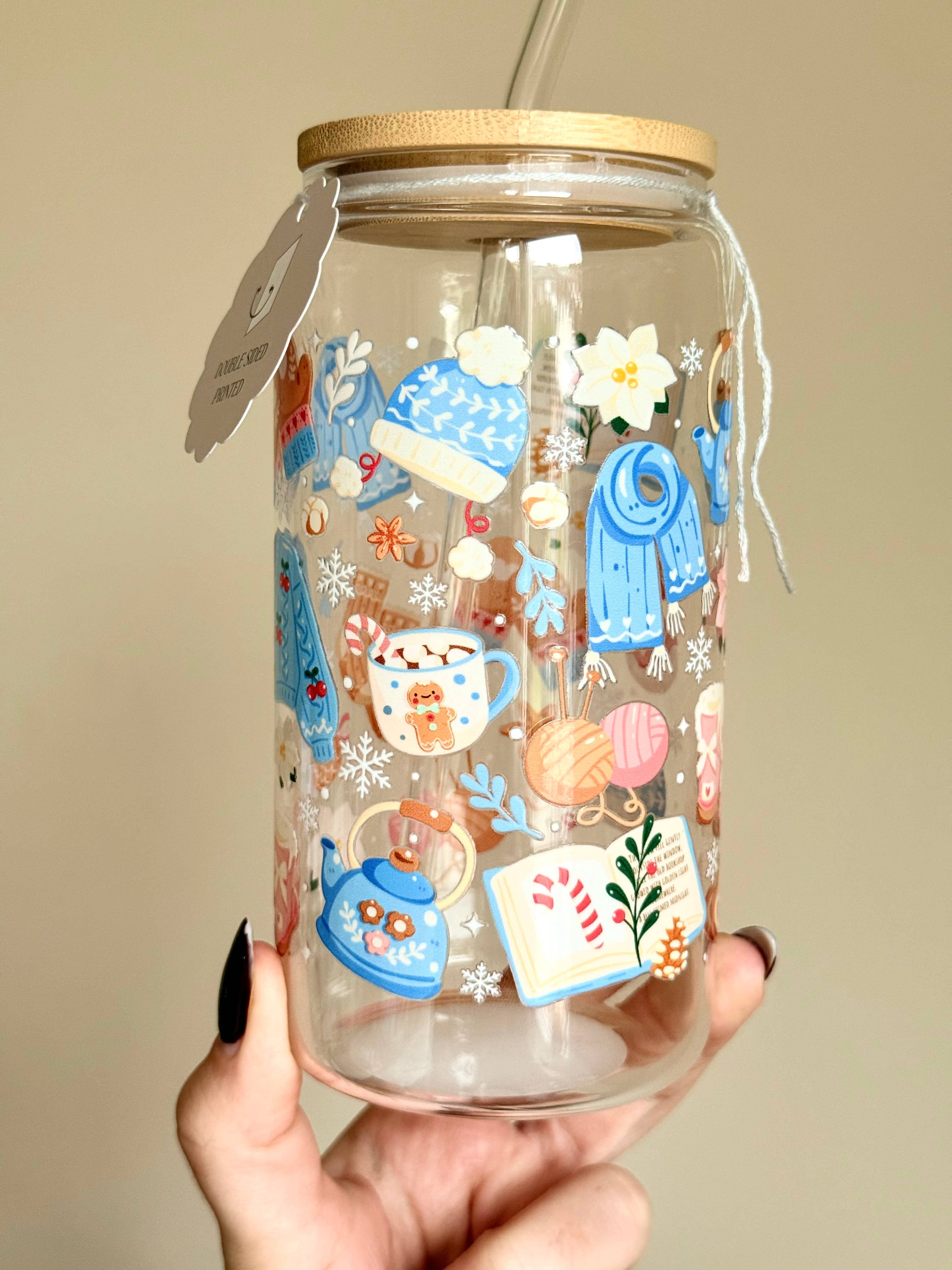 the cute cloud – Großhandel Trinkglas/Tasse – Gemütlicher Winter-Doppelwand-Glasbecher mit Deckel & Strohhalm3