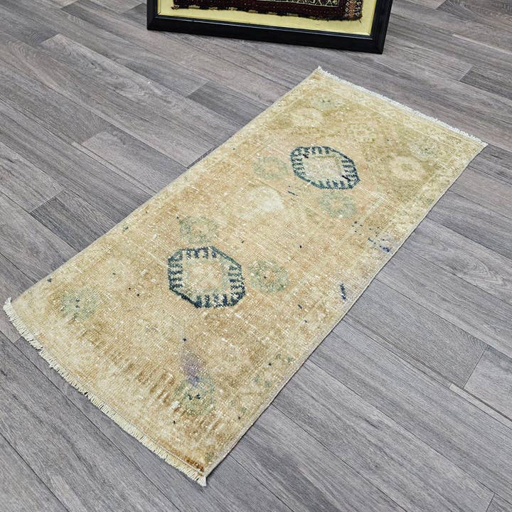 Vintage Turkish Oushak Doormat - Neutral Bath Mat 20x38 inches for wholesale by MesopotamiaRugs