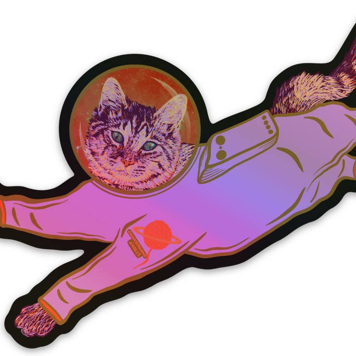 Astro Jiggles Holographic Cat/Kitten Sticker, 4x3" for wholesale by Catnip and Kittens