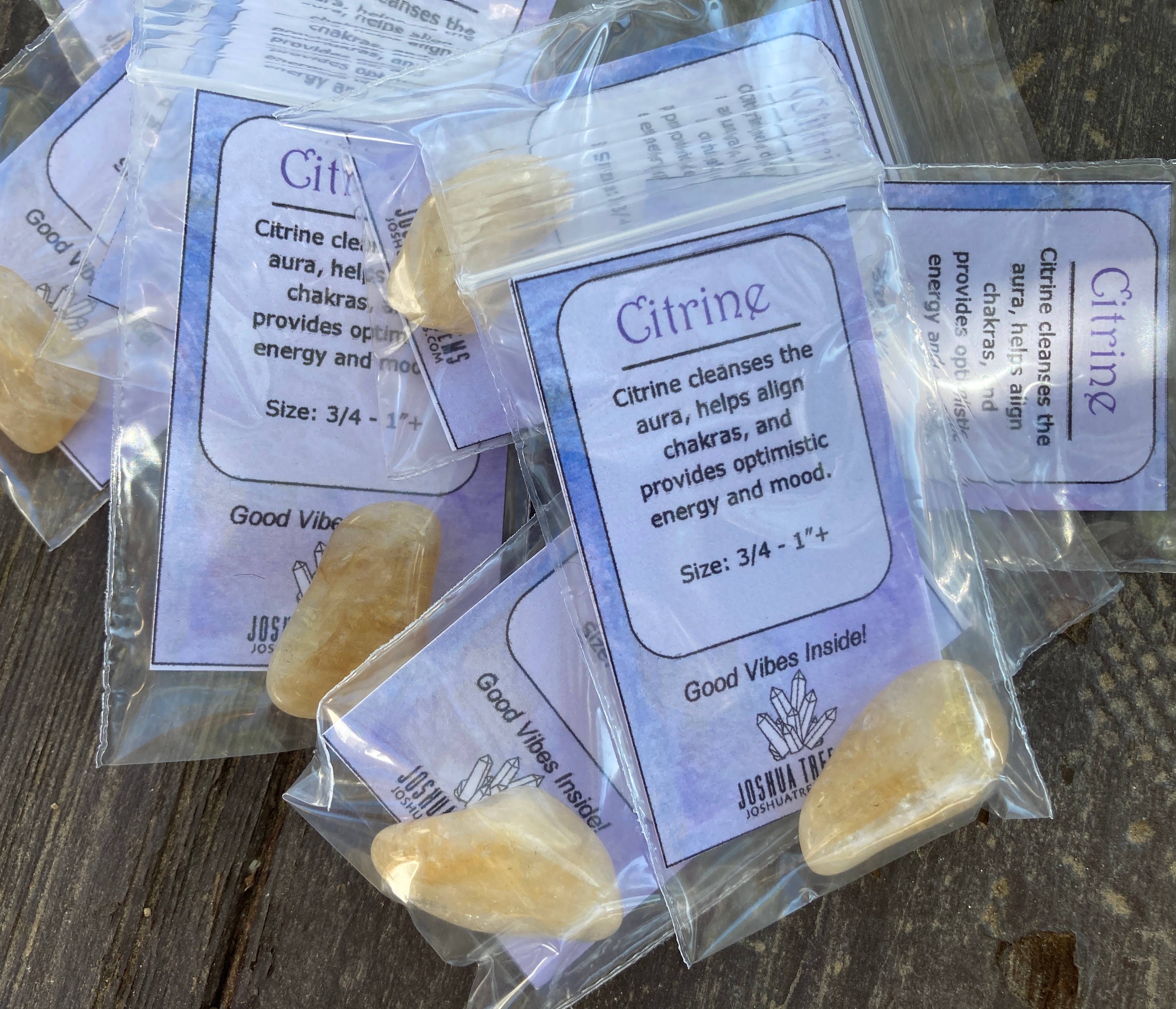 Joshua Tree Gems - Venta al por mayor Piedras/cristales espirituales - Citrino (grande) mezclado con tarjeta de propiedad metafísica1