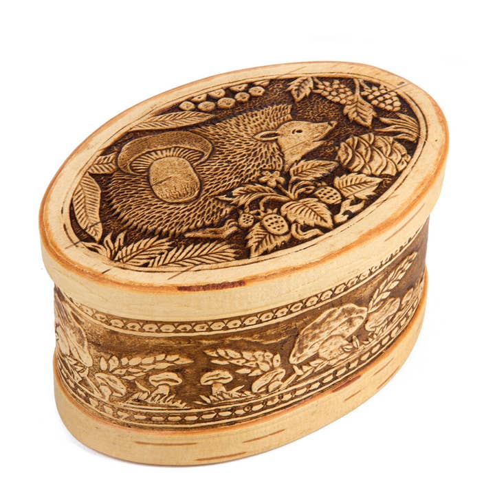 Oval Birch Bark Storage Container Hedgehog for wholesale by STP