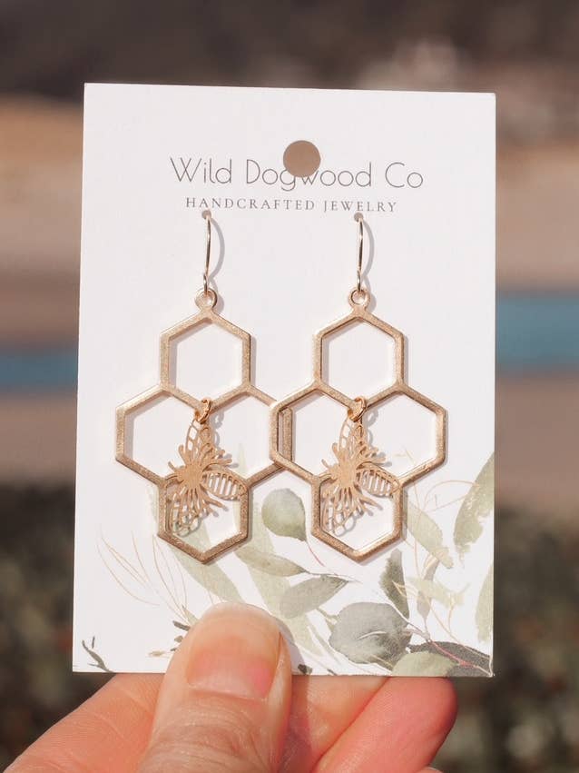 Honeycomb bee earrings. Brass, fun, perfect for bee lovers for wholesale by Wild Dogwood Co