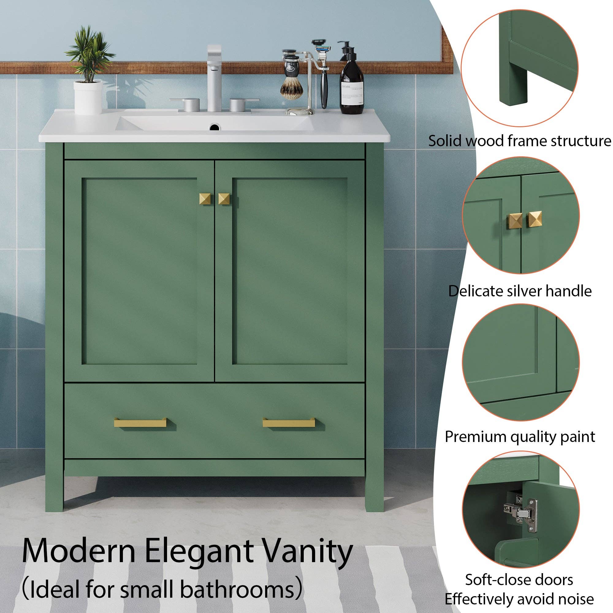 Orange County Decor - Wholesale Cabinet - 30 Inch Green Bathroom Vanity With Single Sink, Combination Under Counter Sink, Bathroom Storage Cabinet With 2 Doors And A Drawer, Soft Closure, Multifunctional Storage Wf324043 Green Bathroom3