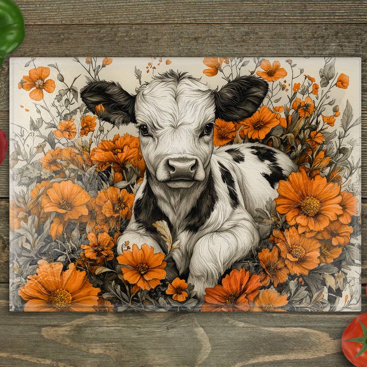 Baby Dairy Cow Glass Cutting Board for wholesale by Beautiful Creations by Laney
