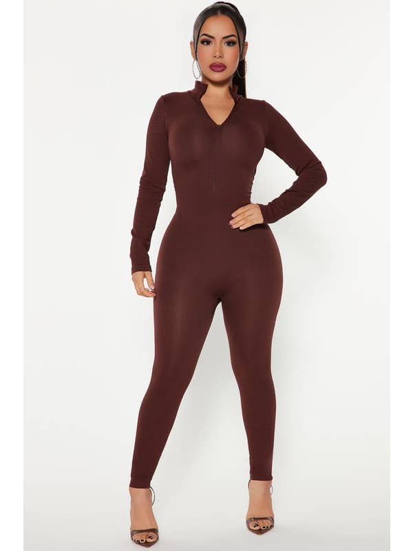 5besties inc - Wholesale Jumpsuit - Women's - Zip Up Front Mock Neck Bodycon Jumpsuits - Full Length4