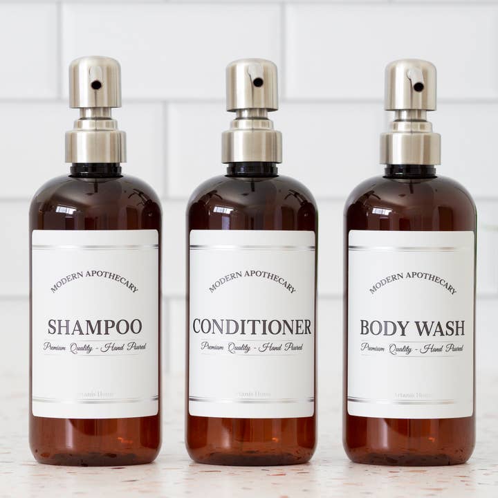 Amber 16 oz Plastic Dispenser Set with Label Choices for wholesale by Artanis Home