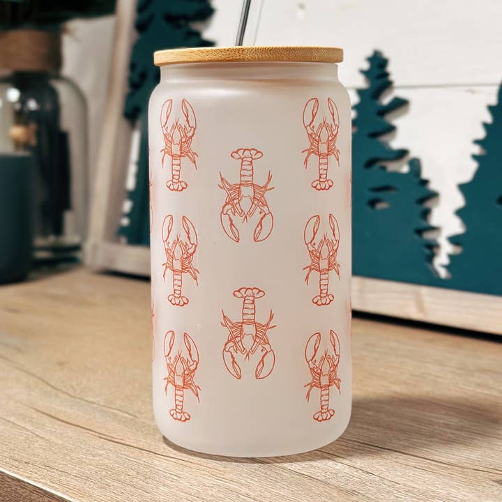 Lobster Frosted Can Glasses With Lid + Glass Straw for wholesale by Reclaimed Maine Co.