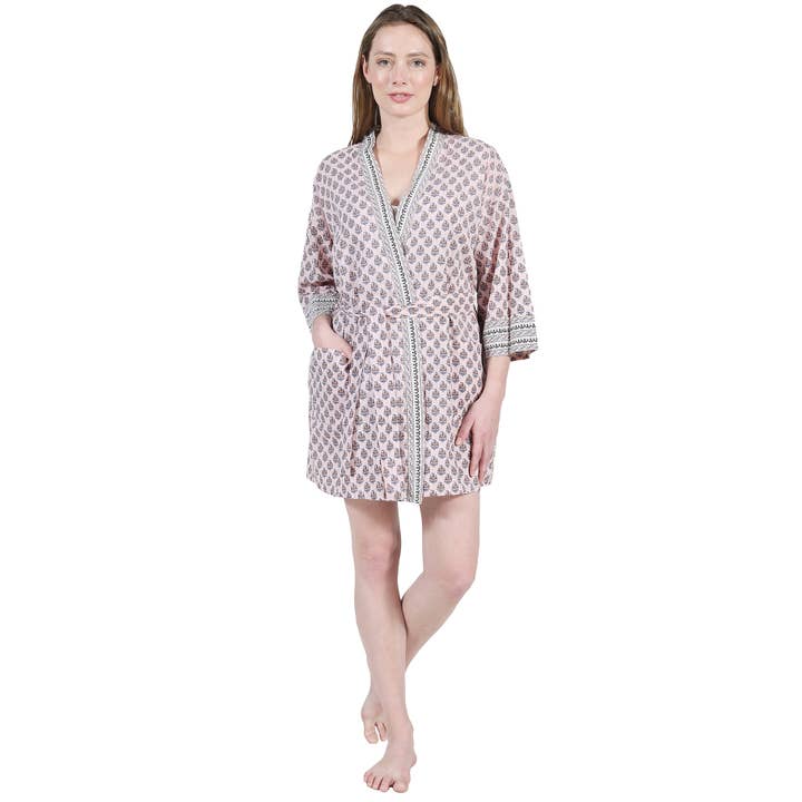 Envoltório de quimono de algodão estampado rosa Paisley Block por atacado de La Cera