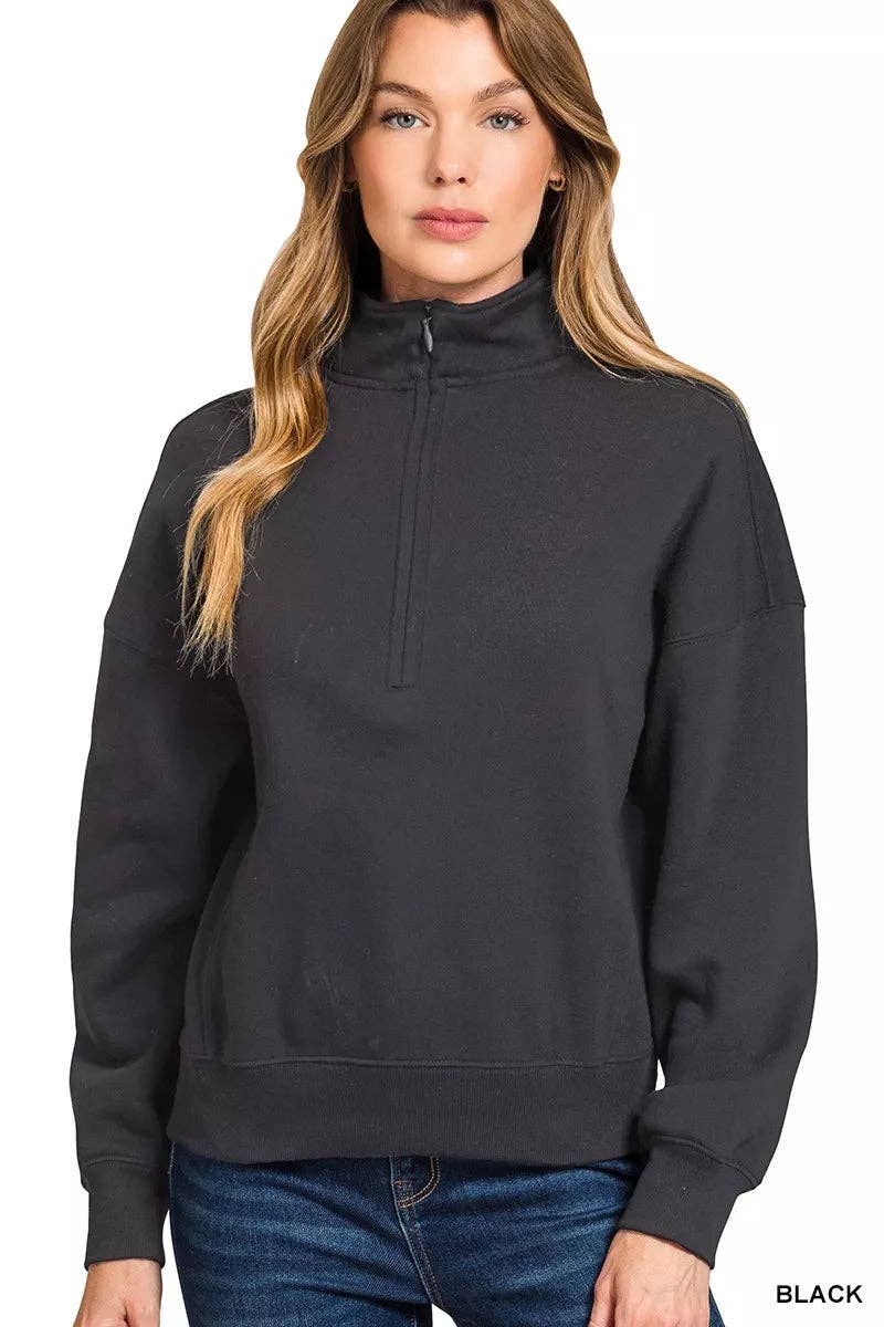 BLACK Zenana Fleece High Neck Half Zip Sweatshirt for wholesale on Faire