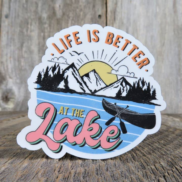 Life is Better at the Lake Sticker Waterproof Lake Lover Sticker Mountains Woods Camping Outdoors Retro Colors for wholesale by Kirk's Krafts