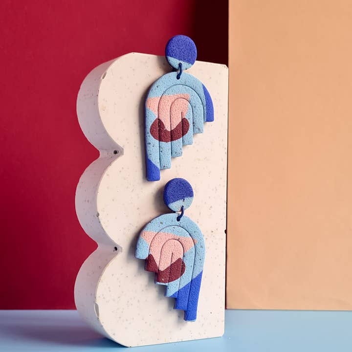 patterned blue handmade polymer clay earrings for wholesale by Mono