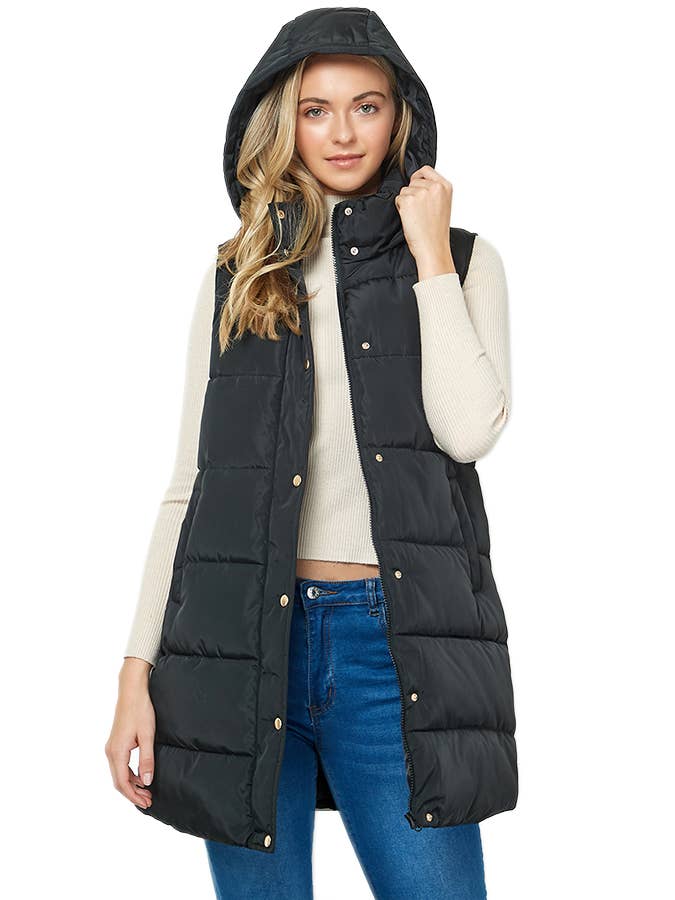 Black Longline Quilted Puffer Vest with Attached Hood for wholesale on Faire1