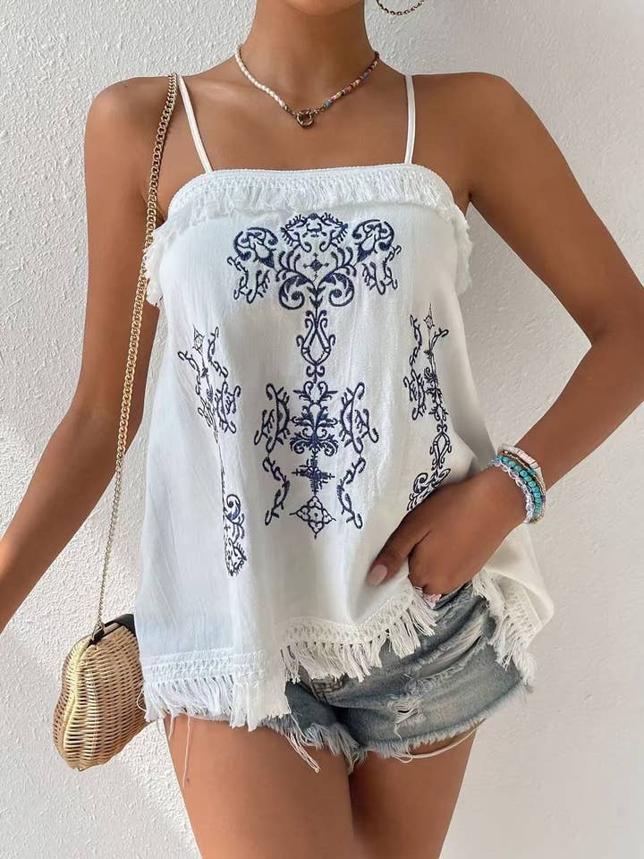 White Embroidered front tank top for wholesale on Faire