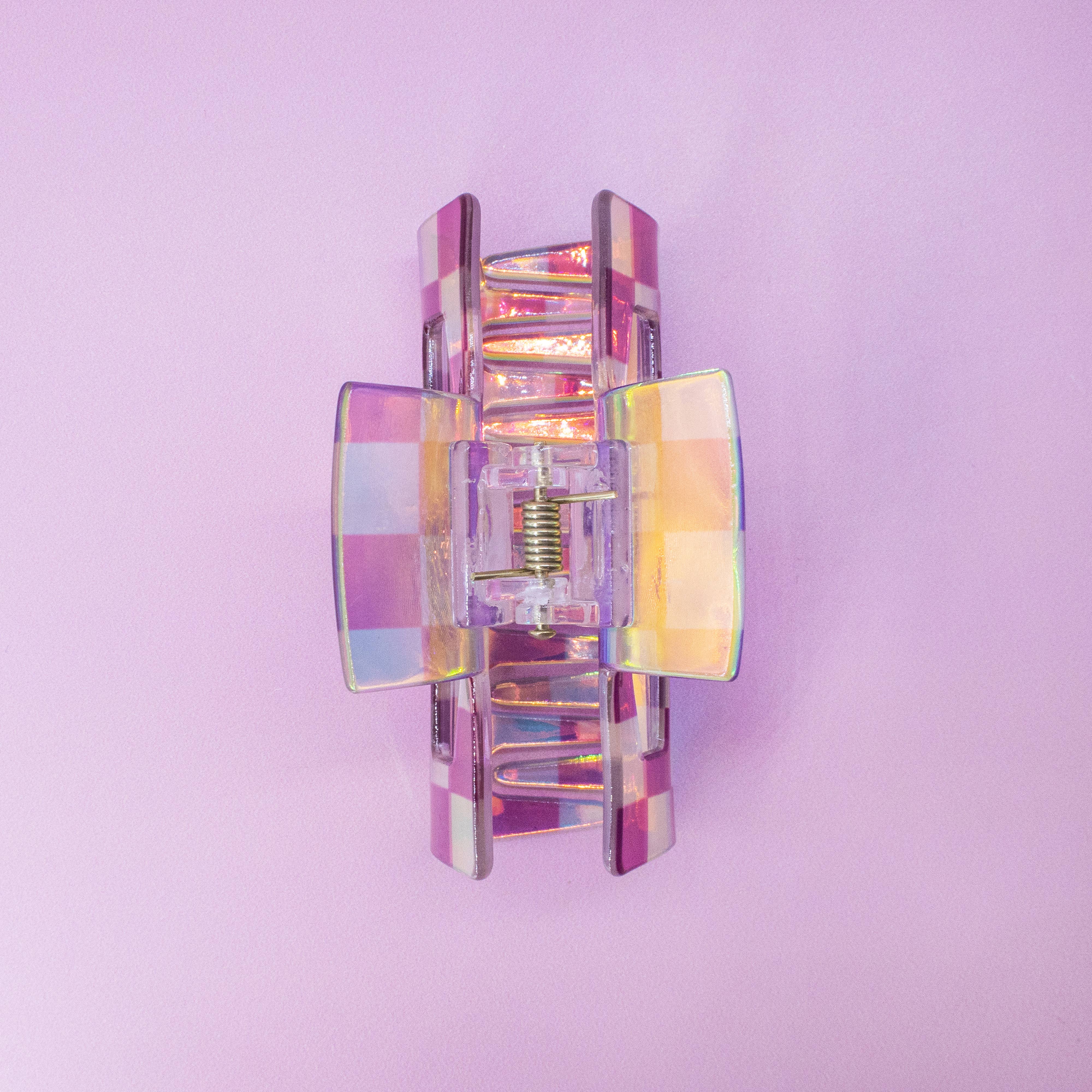 Frog Sac - Wholesale Hair Clip - Women's - Medium Square Iridescent Checkered Hair Claw Clip15