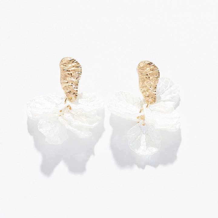 Perimade & Co. LLC – wholesale Dangle earrings – White Cracked Shell Flower Petal Earrings in Stainless Steel2