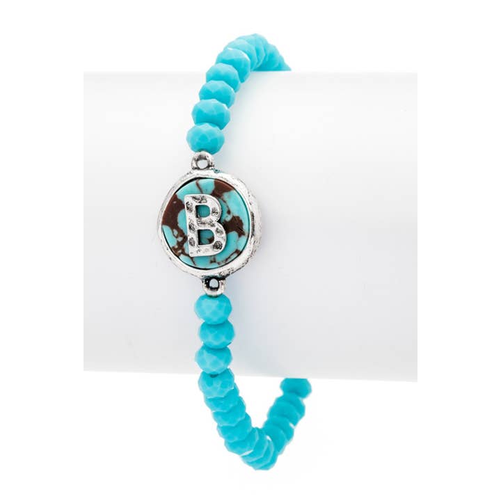 Initial B Turquoise Charm Stretch Bracelet for wholesale on Faire