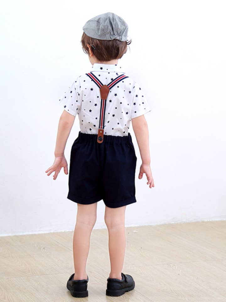 Fennco Styles - Wholesale Clothing Set - Baby - Star Print Dress Shirt, Shorts & Suspenders 3pcs Boy Outfit
