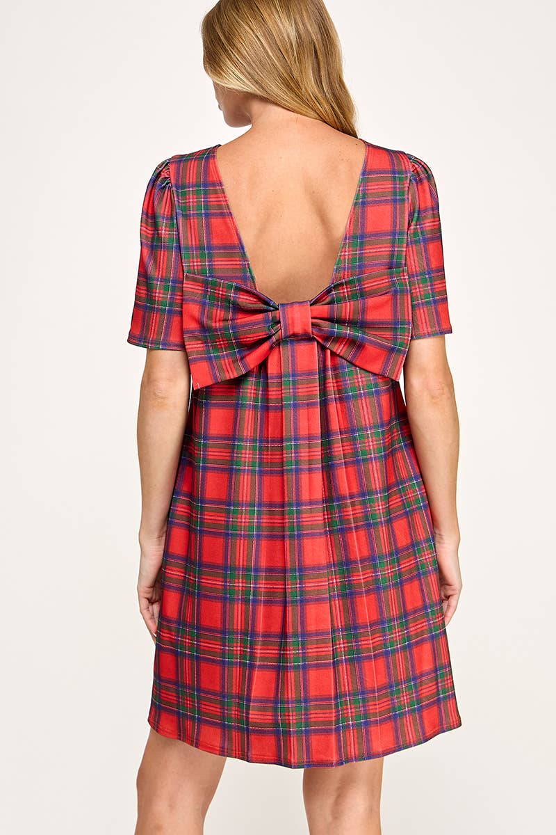 Peace Love Line – Großhandel Kleid – Damen – PL9704 - KARIERTES SHIFTKLEID MIT SCHLEIFENDETAIL AM RÜCKEN0