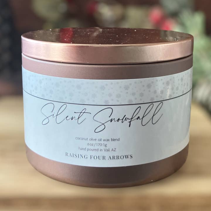 Silent Snowfall Candle Tin 3oz/6oz for wholesale by Raising Four Arrows