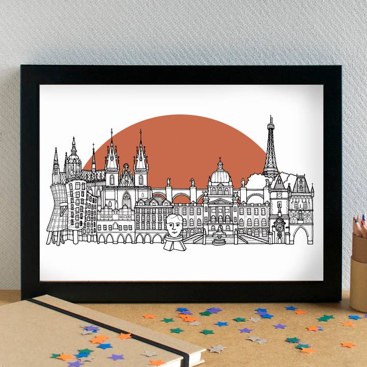 Prague Skyline Landmarks Art Print - unframed for wholesale by Becka Griffin Illustration