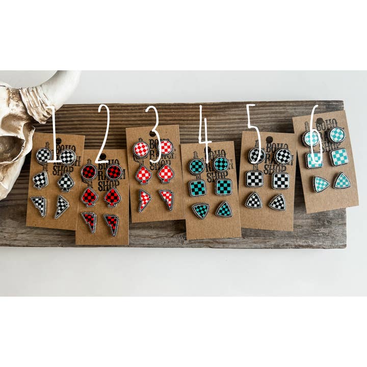 Boho Ranch Shop - Wholesale Jewelry Set - Western Checker Shape Post Combo Earring Set