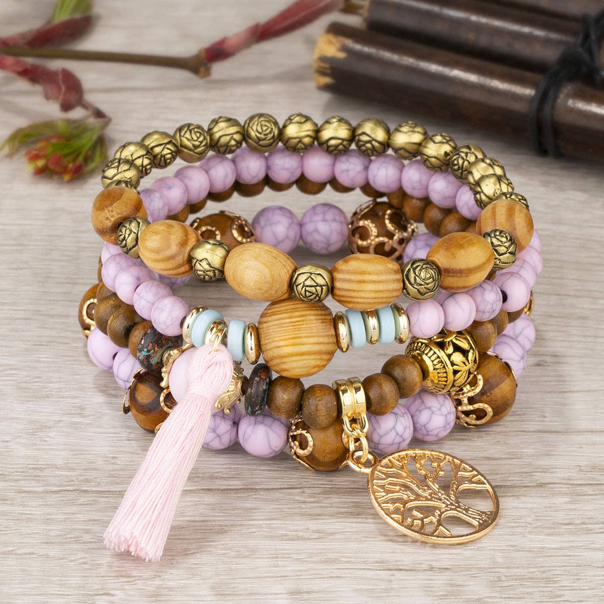 pinkblu02 - Vente Bracelet de perles - Bracelet Bohème Multi-Couches en Perles de Bois9