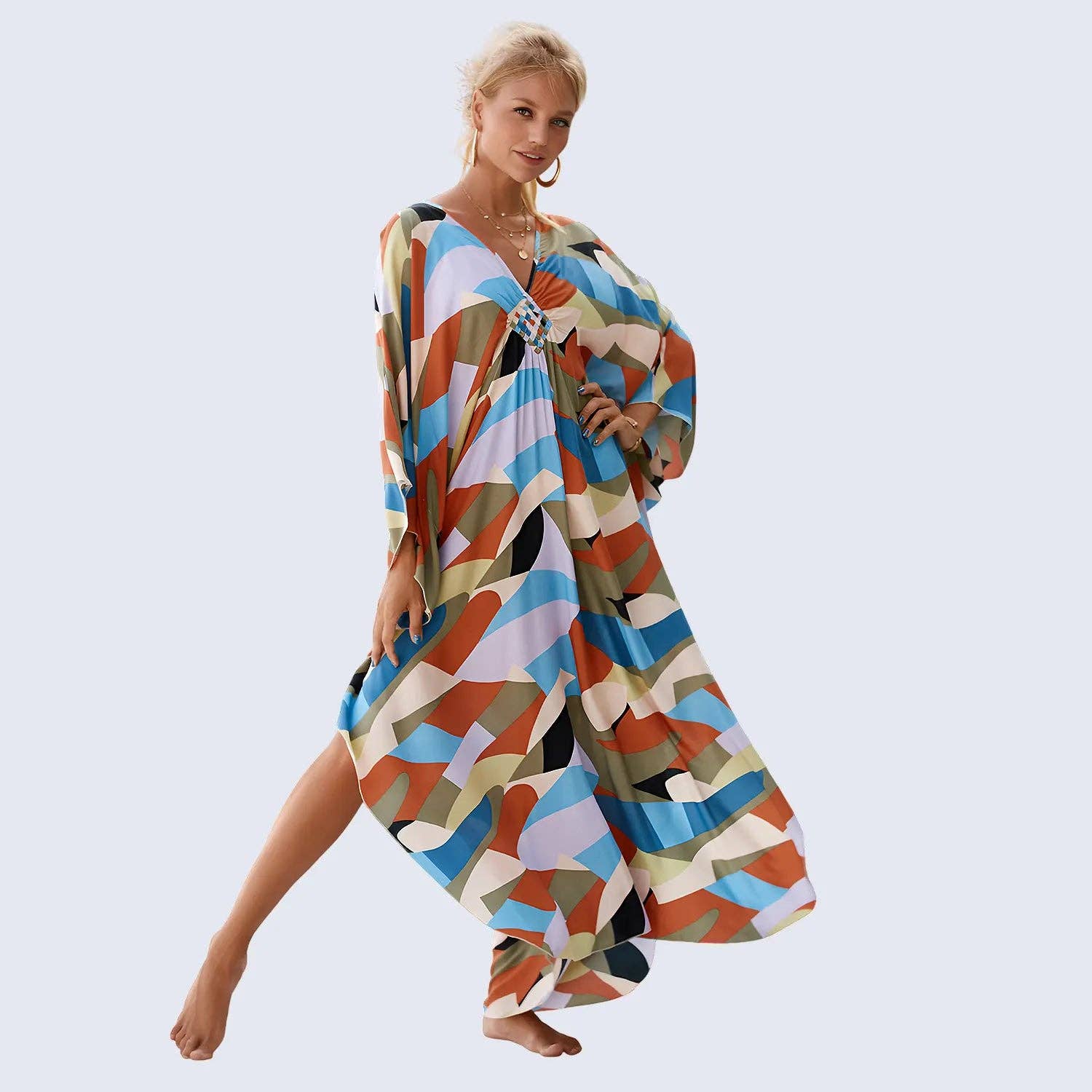 Muqeem & Brothers – Engroshandel Kaftan - Dame – Kaftan Sommerkjoler, Flettet V-hals - Hvid Palme, S-3XL2