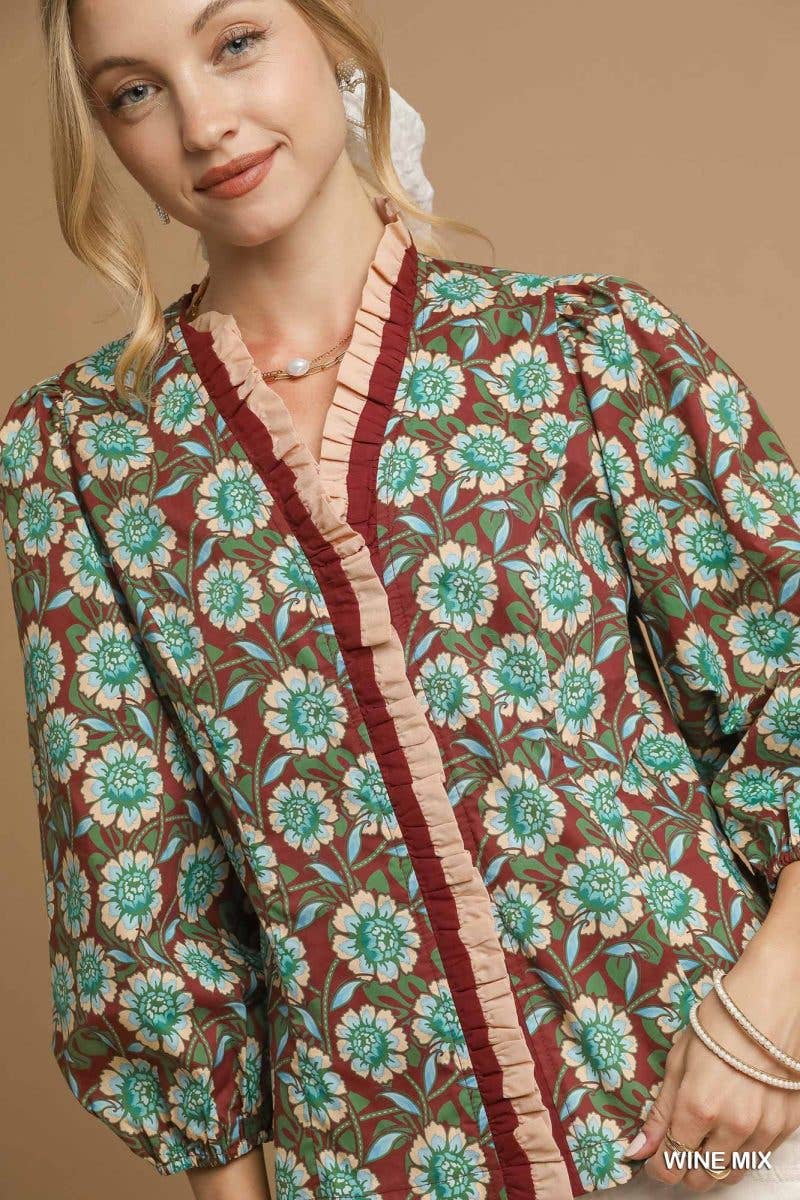 Vanilla Monkey - Wholesale Blouse - Women's - Floral Ruffle Trim Blouse With 3/4 Sleeves3